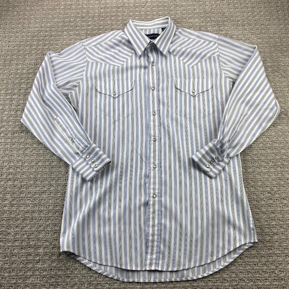Panhandle Slim Shirt Men Medium M White Blue Striped Button Up Pear Snap Western - Picture 1 of 8